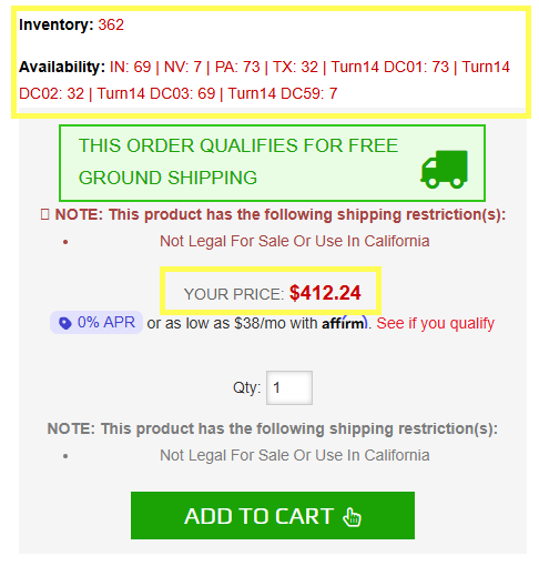 Product page showing live warehouse inventory and automatic WD wholesale pricing
