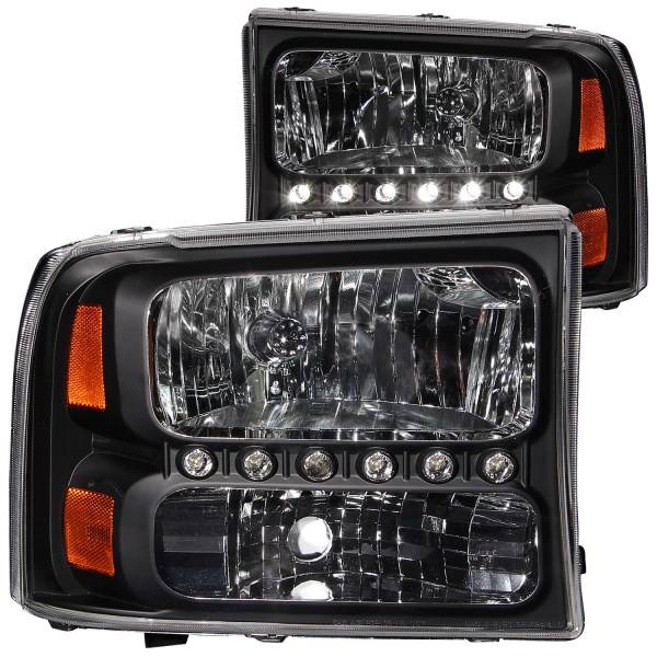 ANZO USA - Headlight Set Crystal Clear Lens Black Housing w/1 Pc. LED Strip Pair Not For Use W/Sealed Beam Headlights Does Not Fit F-250 Light Duty Or Sealed Beam Models Ford Excursion 2000-2004, Ford F-250/F-350/F-450/F-550 Super Duty 1999-2004 ANZO USA