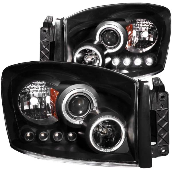 ANZO USA - Headlight Set Projector w/Halo Clear Lens Black Housing Pair Dodge Ram 1500 2006-2008, 2500/3500 2006-2009 ANZO USA