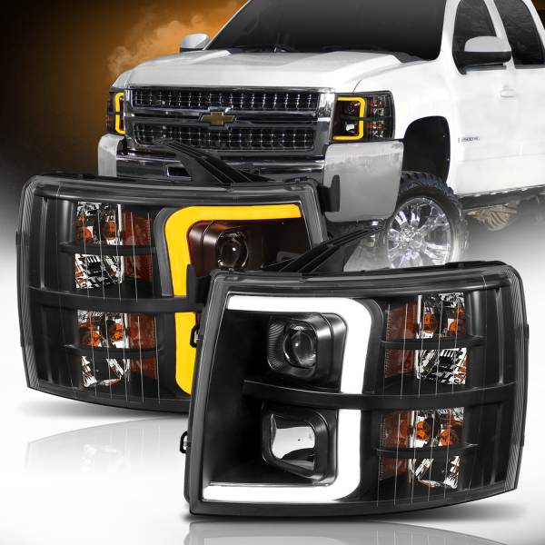 ANZO USA - Projector Headlights W/ Plank Style Switchback Black W/ Amber Chevrolet Silverado 1500 (Not for Classic Bodystyle)/3500 (Not for Classic Bodystyle) 2007-2013, 2500/2500 HD (Not for Classic Bodystyle)/3500 HD 2007-2014 ANZO USA