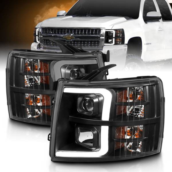 ANZO USA - Projector Headlights Plank Styel Black Amber Pair Chevrolet Silverado 1500/3500 2007-2013, 2500/2500 HD/3500 HD 2007-2014 ANZO USA