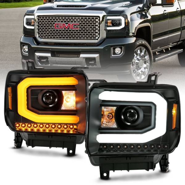 ANZO USA - Projector Headlights Plank Style Black W/ Switchback GMC Sierra/1500 2014-2015, GMC Sierra 2500 HD/3500 HD 2015-2019 ANZO USA