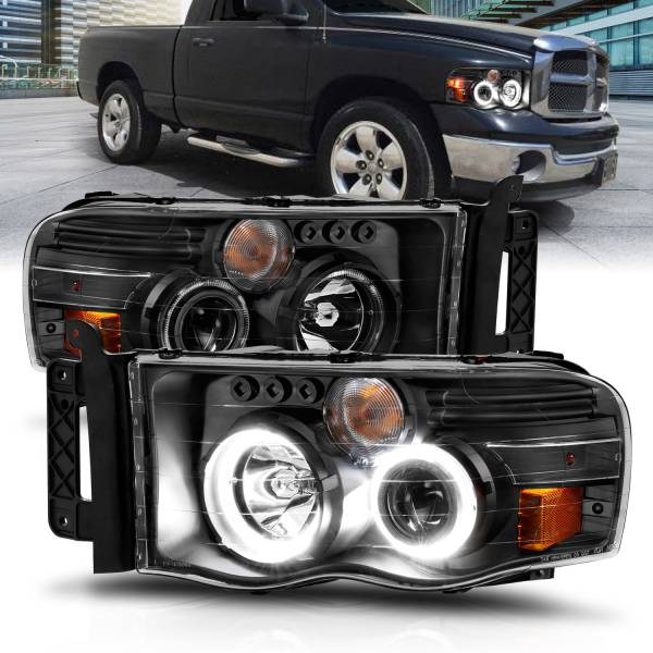 ANZO USA - Projector Headlights Black Housing W/ Halo Clear Lens Pair Dodge Ram 1500 2002-2005, 2500/3500 2003-2005 ANZO USA
