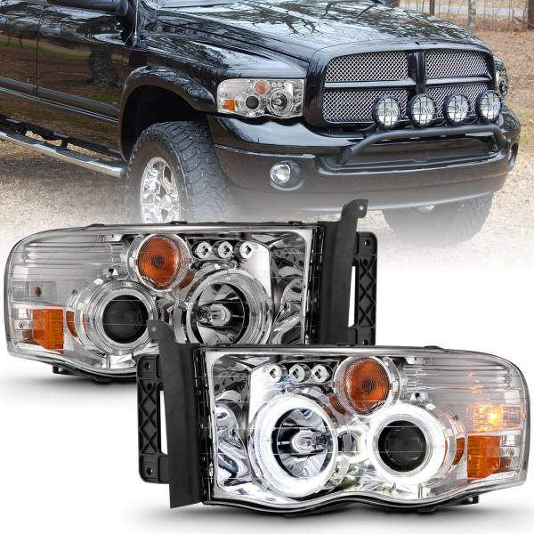 ANZO USA - Projector Headlights Chrome Housing W/ Halo Clear Lens Pair Dodge Ram 1500 2002-2005, 2500/3500 2003-2005 ANZO USA