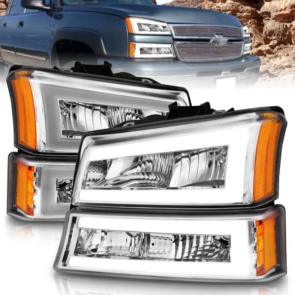 ANZO USA - Crystal Headlight Set W/ LED Light Bar Style Chrome Housing Clear Lens Pair Chevrolet Avalanche 1500/Avalanche/Avalanche Silverado 2500 2003-2006, Chevrolet Silverado 1500/1500 HD/2500 HD/3500 2003-2007 ANZO USA