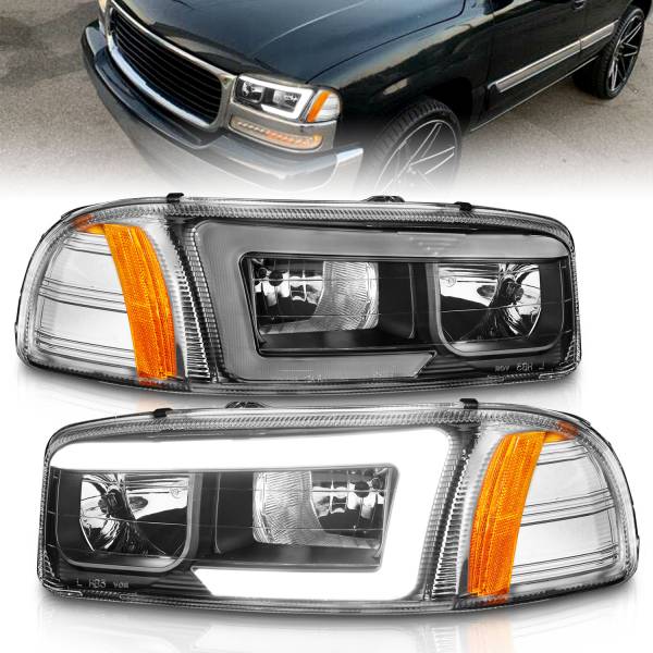 ANZO USA - Crystal Headlight Set W/ Light Bar Style Black Housing Clear Lens Pair GMC C3500/K3500 1999-2000, GMC Sierra 1500 1999-2007, 1500 HD/2500 HD/3500 2001-2007, GMC Sierra 2500 1999-2004, GMC Yukon/XL 1500/XL 2500 2000-2006 ANZO USA
