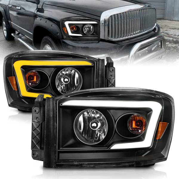 ANZO USA - Crystal Headlight Set W/ Light Bar Style Switchback Black Housing Clear Lens Pair Dodge Ram 1500/2500/3500 2006-2008 ANZO USA