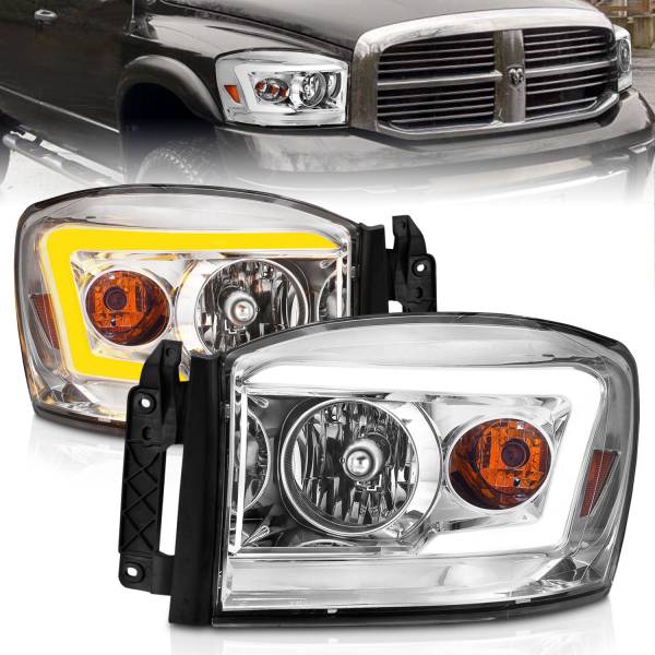 ANZO USA - Crystal Headlight W/ Light Bar Switchback Chrome Housing Clear Lens Ram 1500 06-08 / Ram 2500/3500 06-09 Crystal Switchback C Bar Headlights Chrome Dodge Ram 1500/2500/3500 2006-2008 ANZO USA