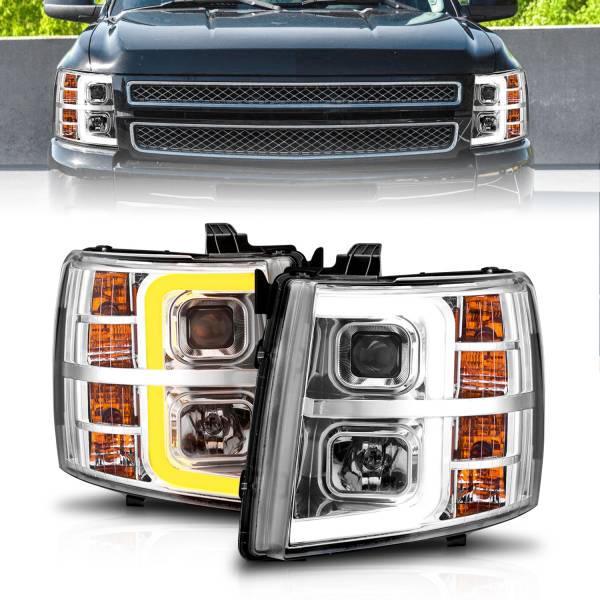 ANZO USA - Projector Headlights W/ Light Bar Style Sequential Chrome Housing Clear Lens Pair Chevrolet Silverado 1500/3500 2007-2013, 2500/2500 HD/3500 HD 2007-2014 ANZO USA