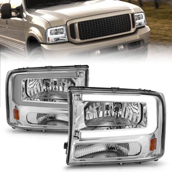 ANZO USA - Crystal Headlight Set W/ Light Bar Style Chrome Housing Clear Lens Pair Ford Excursion 2000-2004, Ford F-250/F-350/F-350/F-450 Super Duty 1999-2004 ANZO USA
