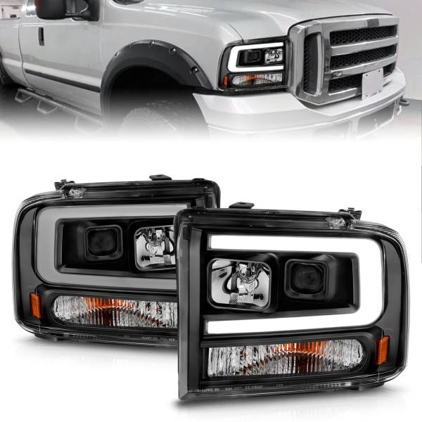 ANZO USA - Black Housing Clear Lens Pair Projector Headlights W/ Light Bar Style Ford Excursion 2005, Ford F-250/F-350/F-350/F-450/F-550 Super Duty 2005-2007 ANZO USA
