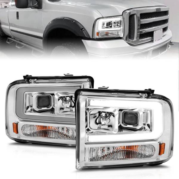 ANZO USA - Projector Headlights W/ Light Bar Style Chrome Housing Clear Lens Pair Ford Excursion 2005, Ford F-250/F-350/F-350/F-450/F-550 Super Duty 2005-2007 ANZO USA