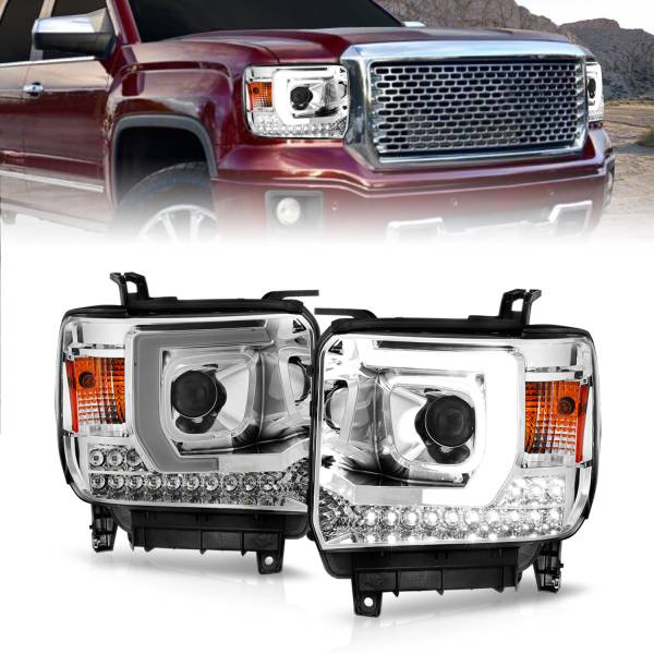 ANZO USA - Projector Headlights W/ Light Bar Style Chrome Housing Clear Lens Pair GMC Sierra 1500 2014-2015, 2500 HD/3500 HD 2015-2019 ANZO USA