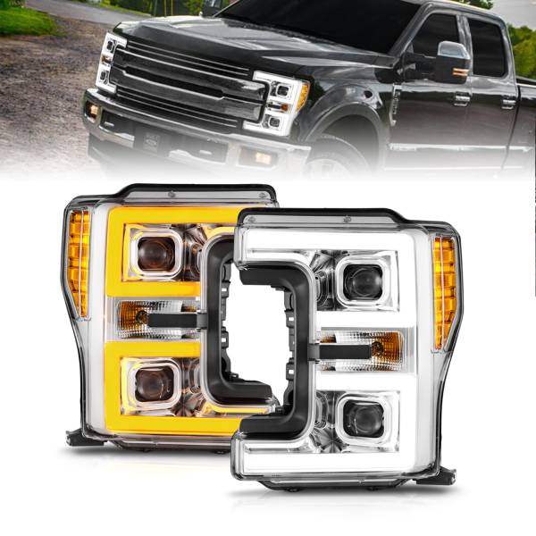 ANZO USA - LED Projector Headlights W/ Light Bar Style Switchback Chrome Housing Clear Lens Pair Ford F-250 Super Duty/F-350 Super Duty 2017-2019 ANZO USA