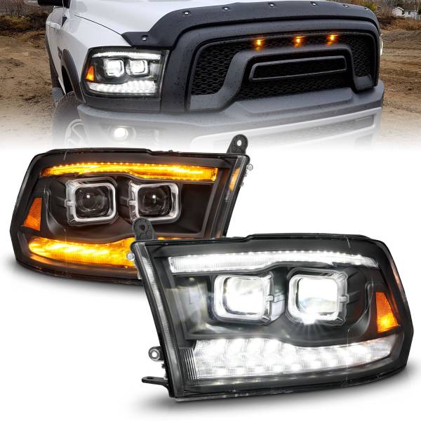 ANZO USA - Dual Square LED Projector Headlights Sequential Light Bar Switchback Signal Black Housing Clear Lens Pair Ram 1500/2500/3500 2009-2018 ANZO USA