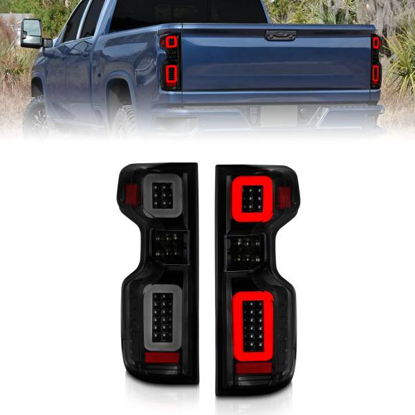 ANZO USA - Tail Light Set Black Housing Smoke Lens Pair LED W/ Light Bar Style Sequential Chevrolet Silverado 1500/2500 HD/3500 HD 2019-2023, 1500 LTD 2022 ANZO USA