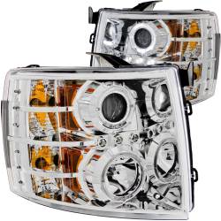 Headlight Set Projector w/Halo Clear Lens Chrome Housing Pair Chevrolet Silverado 1500 2007-2013, 2500 HD/3500 HD 2007-2014 ANZO USA
