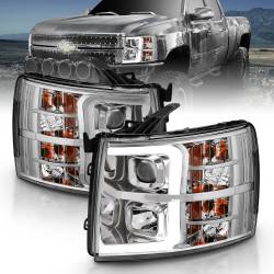 Projector Headlights Plank Style Chrome Amber Pair Chevrolet Silverado 1500/3500 2007-2013, 2500/2500 HD/3500 HD 2007-2014 ANZO USA