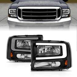 Crystal Headlight Set W/ Light Bar Style Black Housing Clear Lens Pair Ford Excursion 2000-2004, Ford F-250/F-350/F-350/F-450 Super Duty 1999-2004 ANZO USA